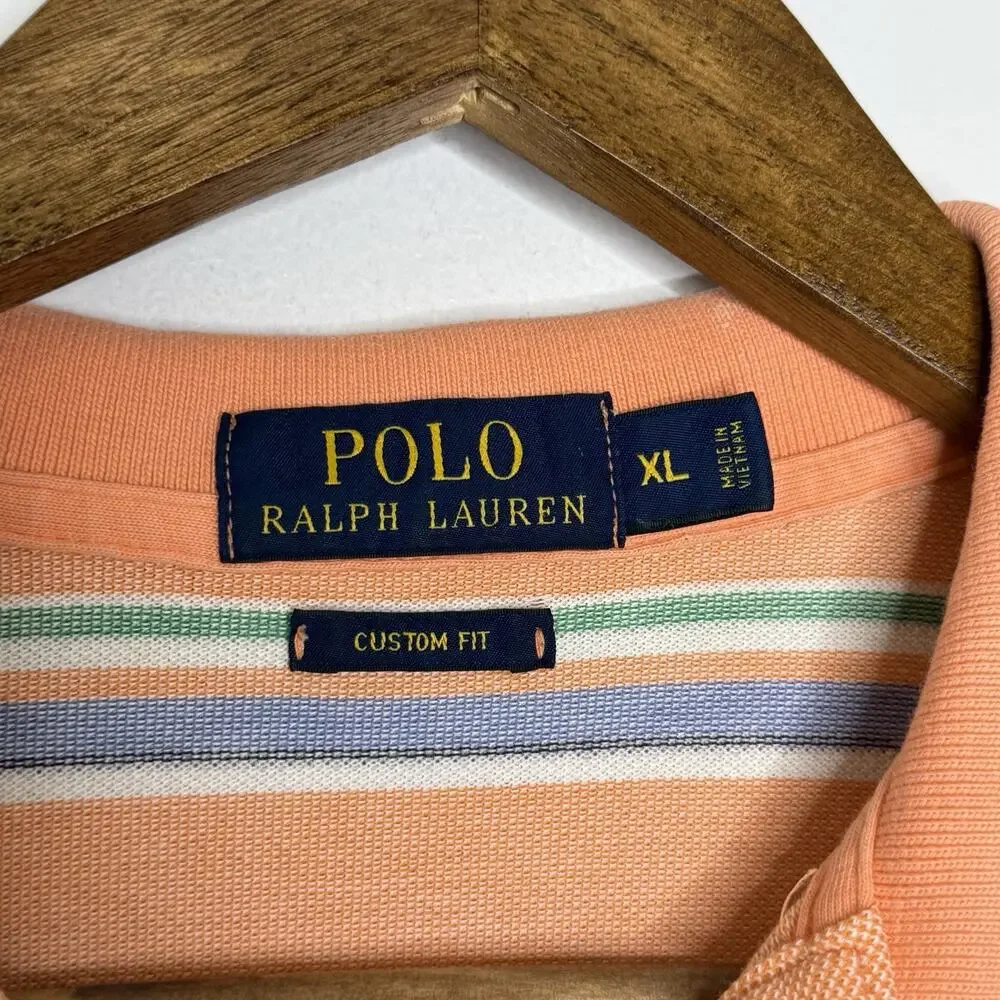 Polo Ralph Lauren Orange Striped Polo Shirt XL Custom Fit Preppy Casual